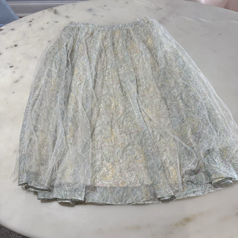 Jape Vendure L Pleated A-line Midi Skirt Ivory Pastel Floral Glitter Tulle Fairy